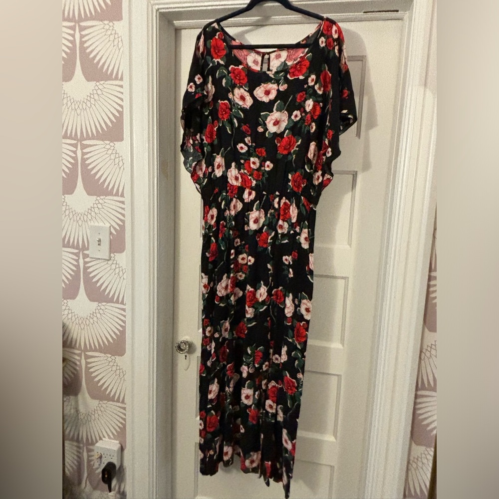 MODCLOTH black red rose floral print flutter sleeveless maxi midi dress size 2x